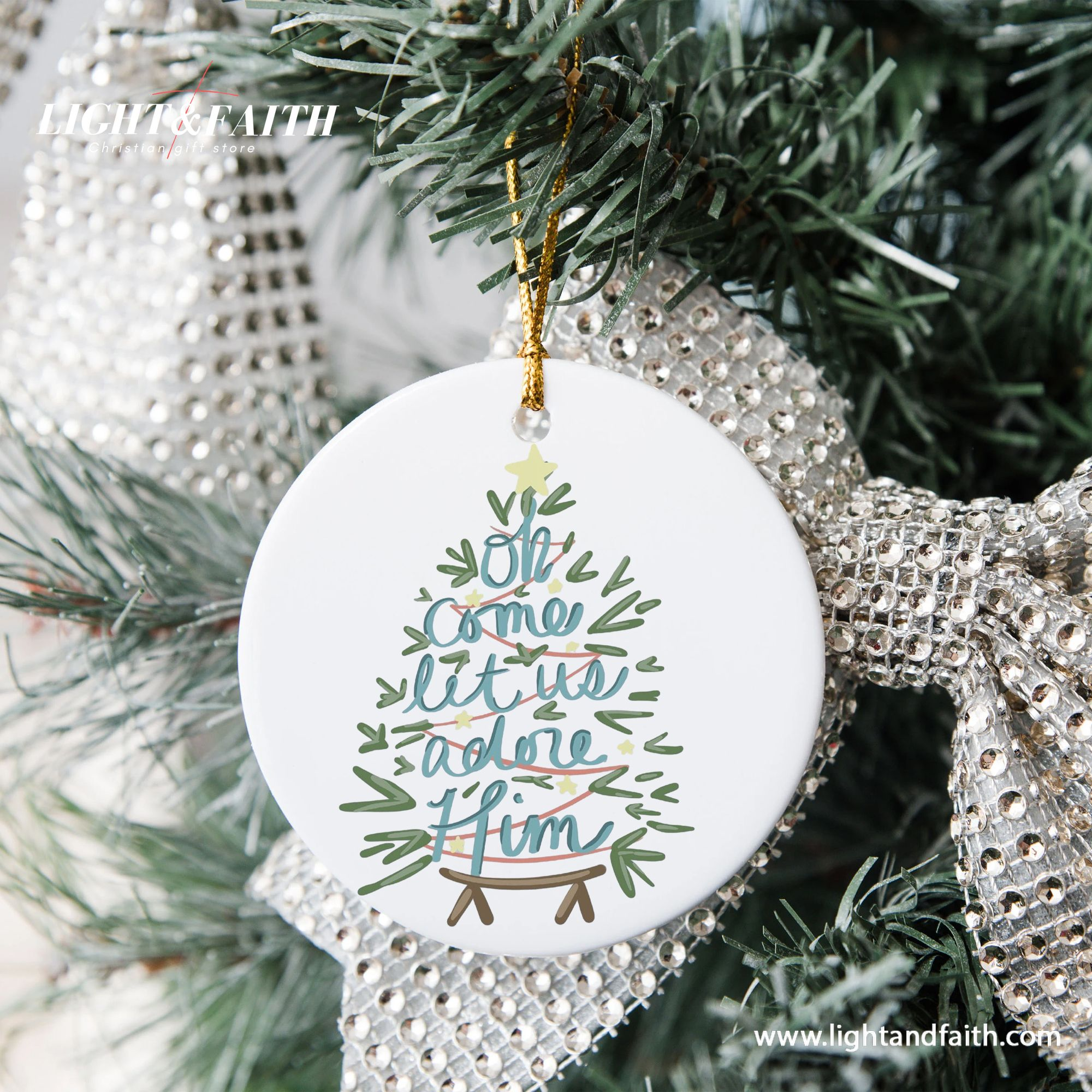 Oh Come Let Us Adore Him Christmas Ornament, Christmas Tree Nativity Design, Christian Holiday Decoration, Religious Xmas Tree Decor DCLAF46